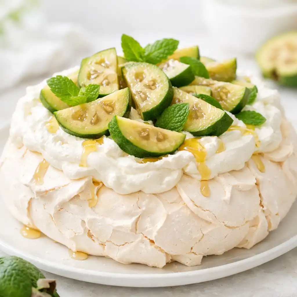 Feijoa and honey pavlova with whipped cream and fresh feijoa slices