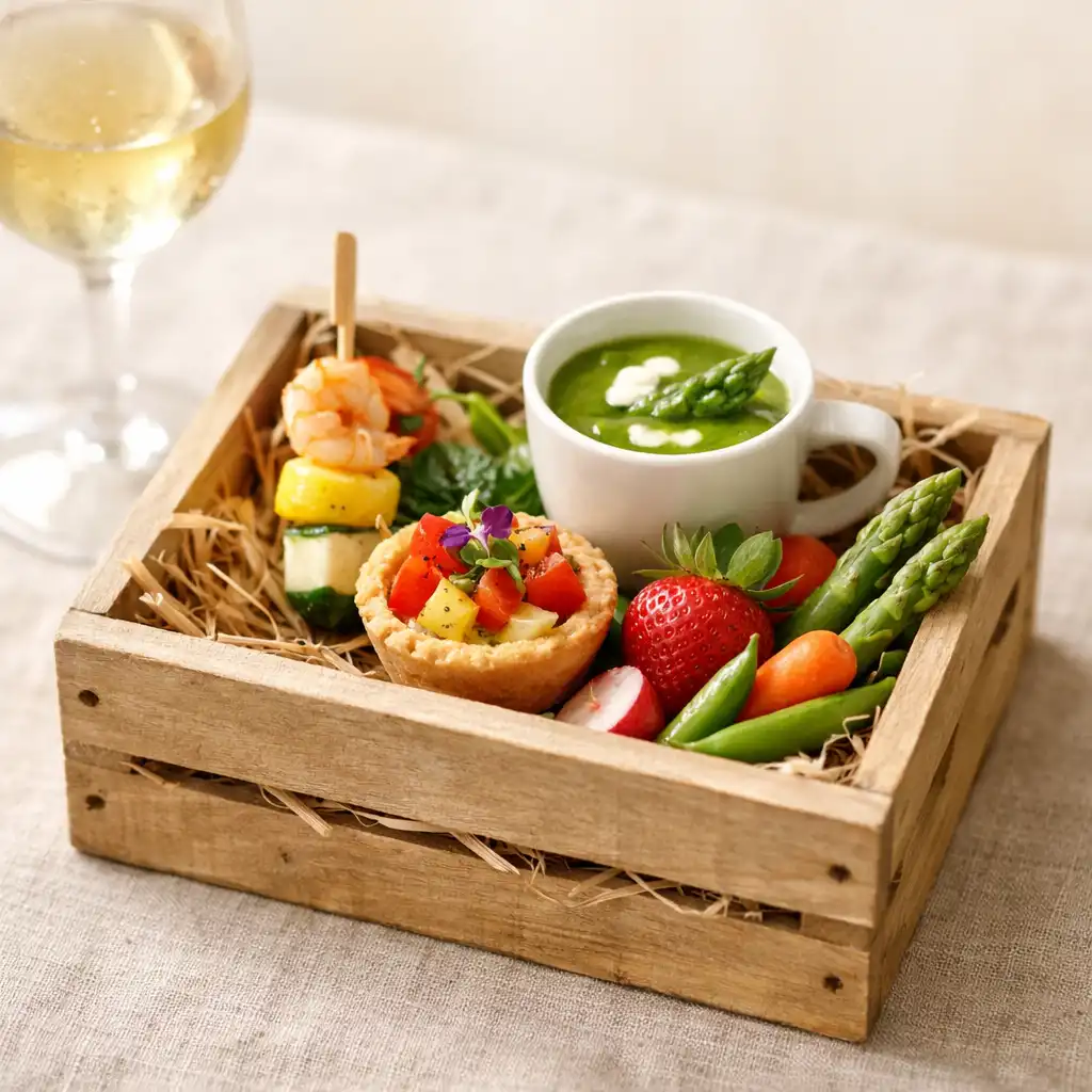 The Harvest Crate signature dish: a miniature wooden crate filled with elegant seasonal bites