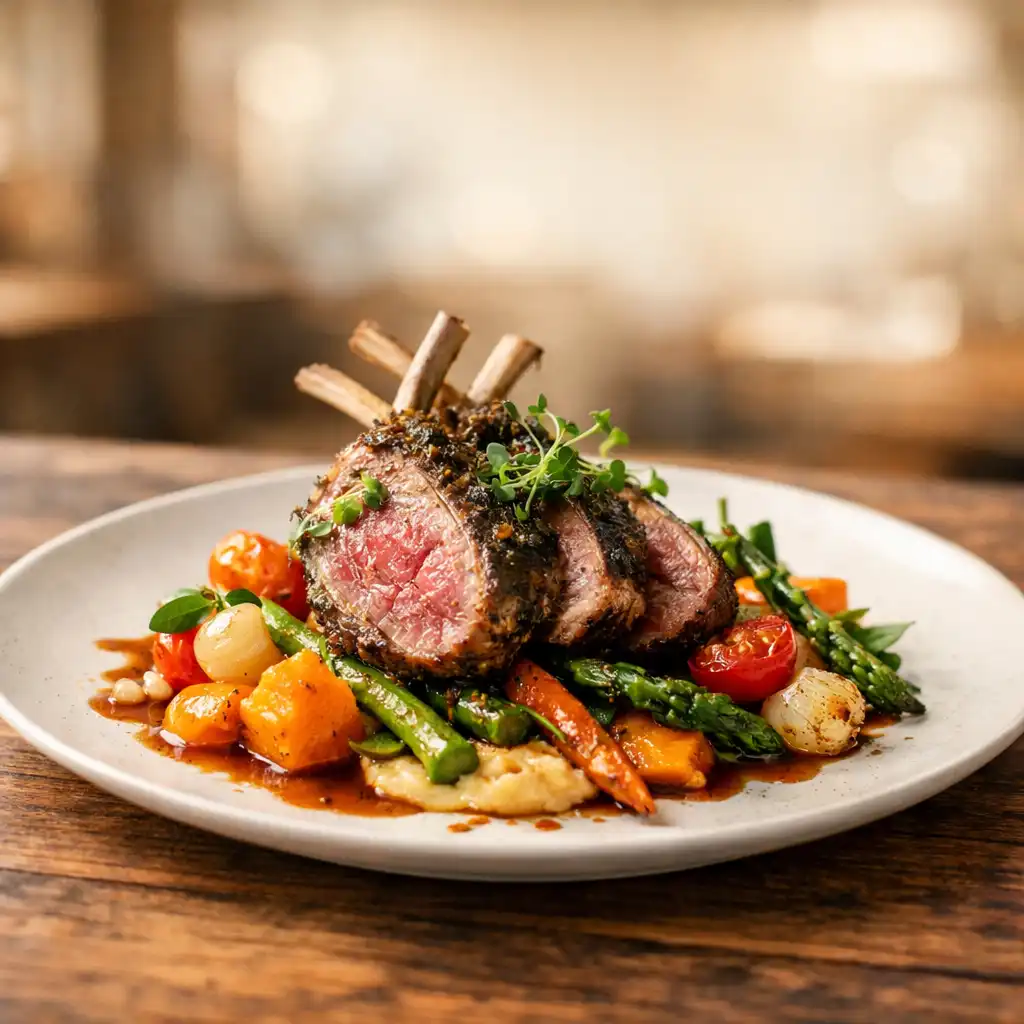 A beautifully plated signature dish with roasted lamb and vibrant vegetables on a rustic wooden table