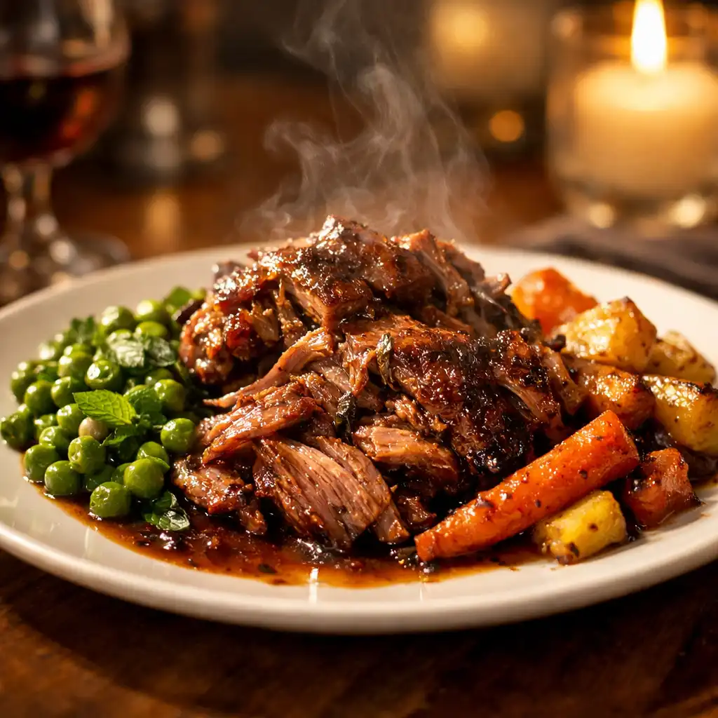 A plate of slow-roasted lamb with minted peas and roasted root vegetables, with steam rising