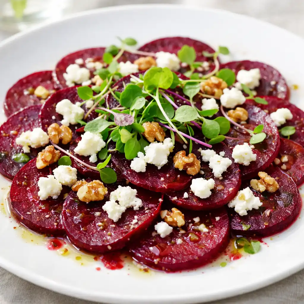 Roasted beetroot carpaccio with goat cheese and walnuts