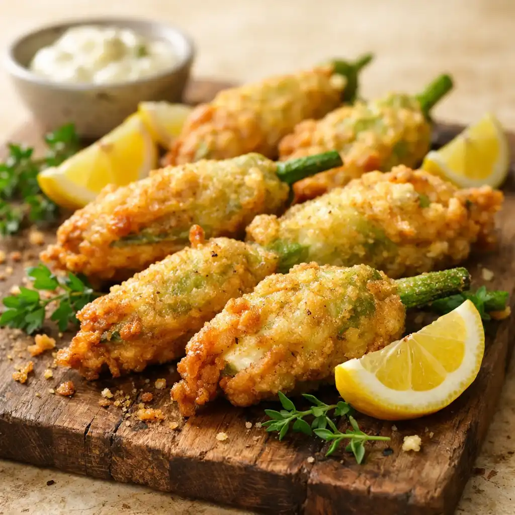 Crispy zucchini flowers stuffed with ricotta and lemon